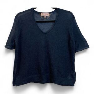 Rare JUICY COUTURE Navy Blue Mohair Wool Blend Short Sleeve Fuzzy Sweater XS‎